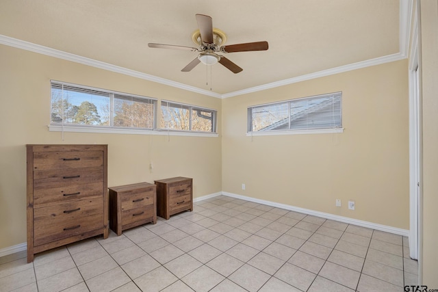 unfurnished bedroom with ceiling fan, ornamental molding, and light tile patterned floors