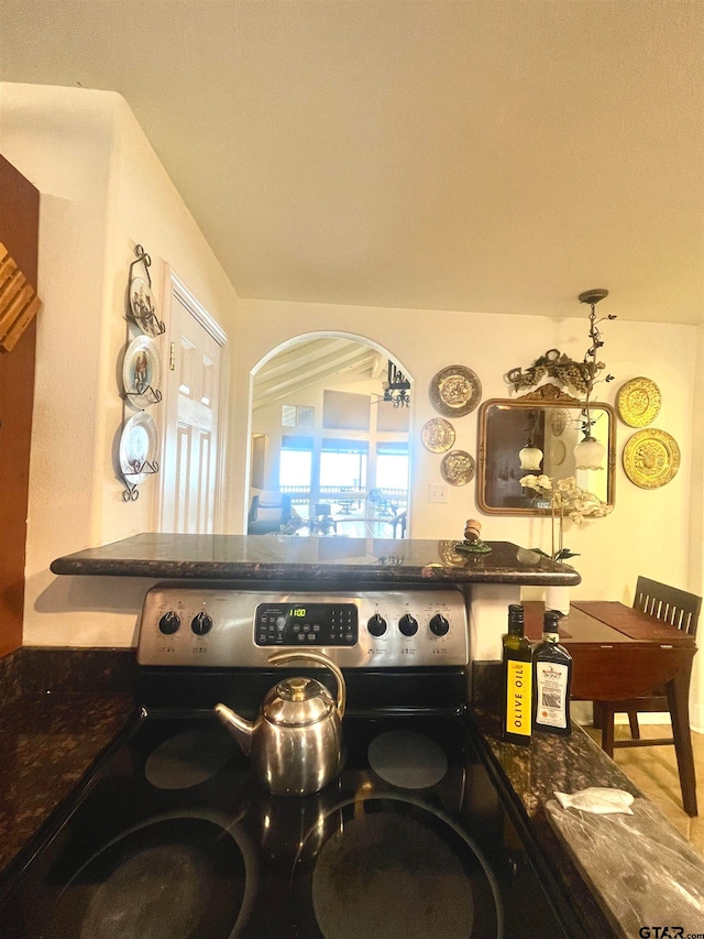 kitchen with stainless steel electric range and ceiling fan