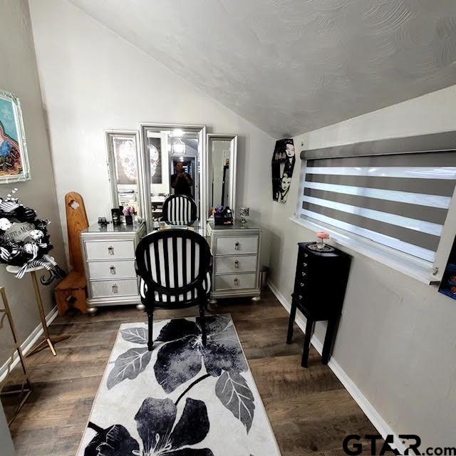 interior space with dark wood-type flooring and lofted ceiling