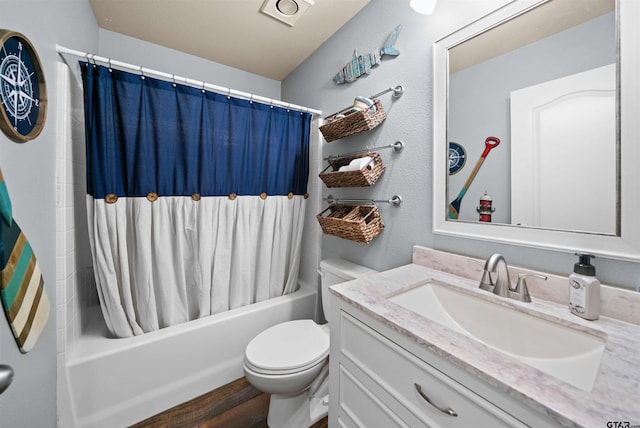 full bathroom with hardwood / wood-style floors, vanity, toilet, and shower / bath combination with curtain