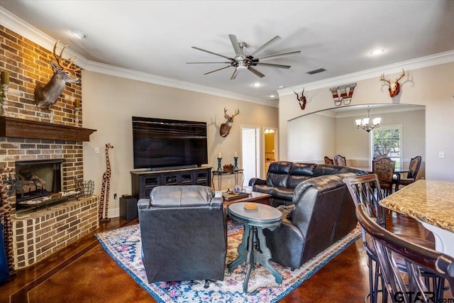 1009 Stagecoach Bnd, Bullard, TX 75757 - living room with a chandelier, a ceiling fan, ornamental molding, a fireplace, and recessed lighting