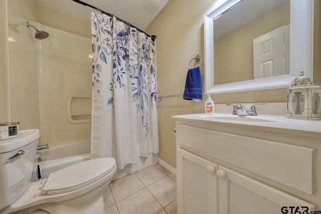 full bathroom with shower / bath combo with shower curtain, tile patterned flooring, vanity, and toilet