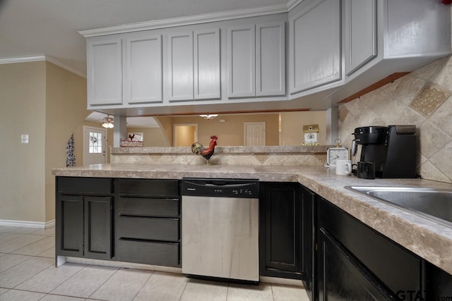 kitchen with stainless steel dishwasher, light tile patterned flooring, ornamental molding, and backsplash