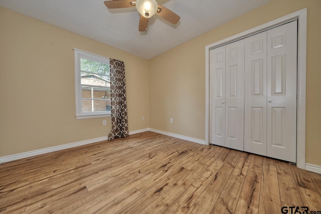 unfurnished bedroom featuring a closet, ceiling fan, and light hardwood / wood-style flooring