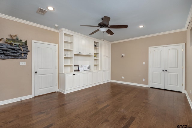 unfurnished living room with dark wood-type flooring, ceiling fan, and ornamental molding