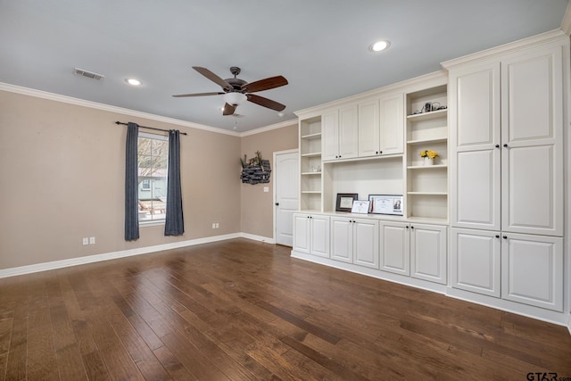 unfurnished living room with ceiling fan, crown molding, and dark hardwood / wood-style flooring