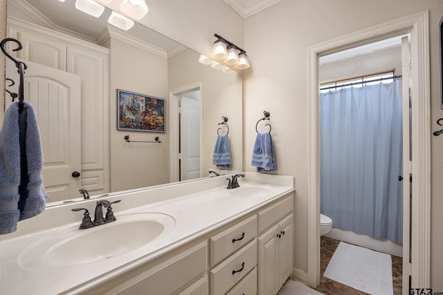 bathroom with a shower with curtain, ornamental molding, toilet, and vanity