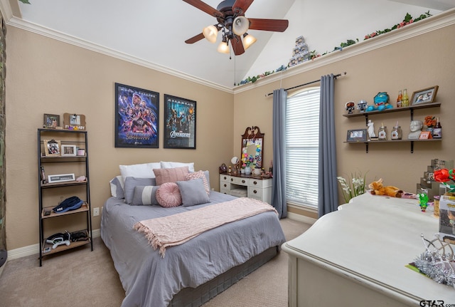 carpeted bedroom with lofted ceiling, ornamental molding, and ceiling fan