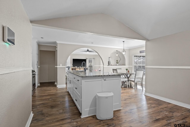 kitchen with white cabinetry, ceiling fan, light stone counters, dark hardwood / wood-style flooring, and a kitchen island with sink