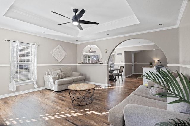 living room with dark hardwood / wood-style floors, ceiling fan, a raised ceiling, and crown molding