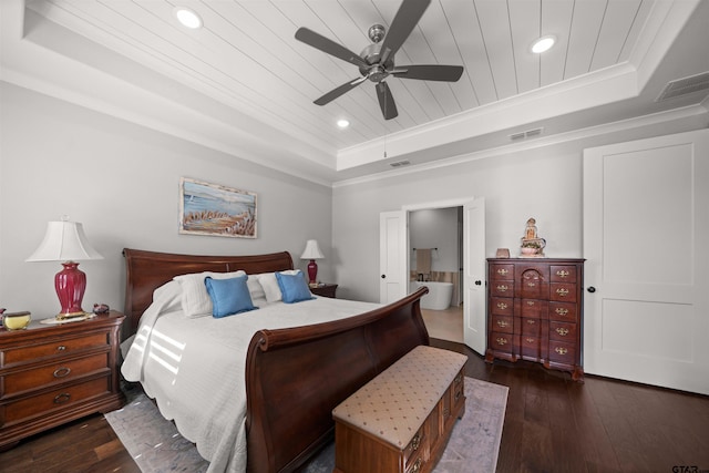 bedroom featuring ornamental molding, dark hardwood / wood-style floors, wooden ceiling, and a tray ceiling