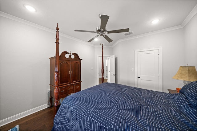 bedroom with ornamental molding, dark hardwood / wood-style floors, and ceiling fan