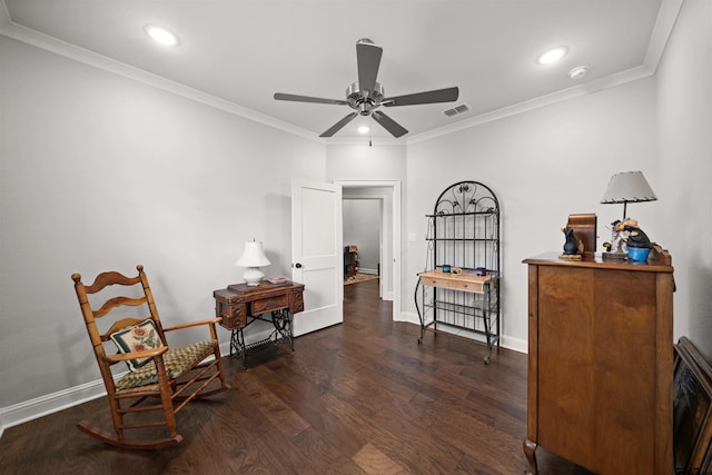 living area featuring ceiling fan, ornamental molding, and dark hardwood / wood-style floors