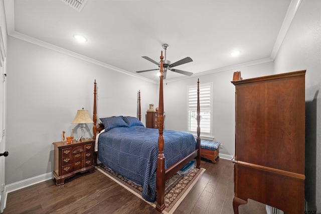 bedroom with crown molding, dark wood-type flooring, and ceiling fan