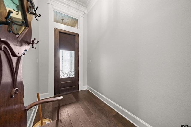 entrance foyer featuring dark wood-type flooring and crown molding