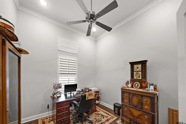 office area with crown molding, wood-type flooring, and ceiling fan