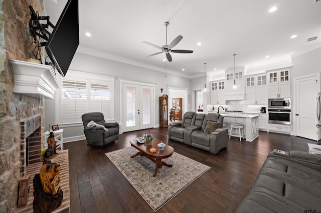 living room with crown molding, a fireplace, dark hardwood / wood-style flooring, and sink