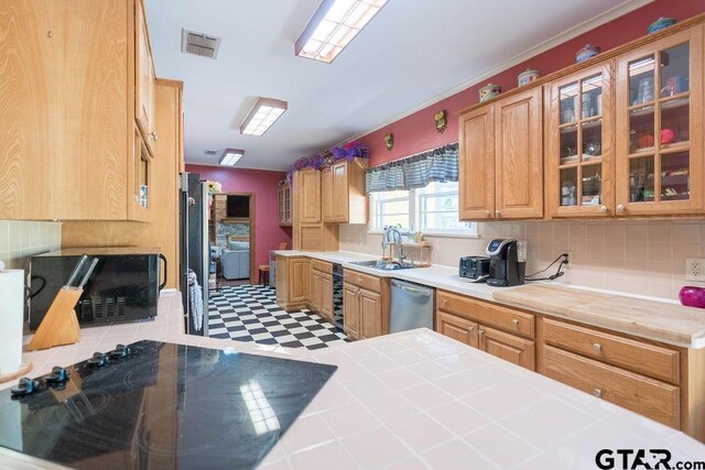 1017 Hilltop Dr, Palestine, TX 75801 - kitchen featuring visible vents, tile counters, tile patterned floors, a sink, and appliances with stainless steel finishes