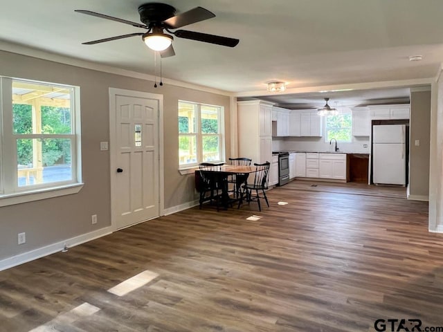 kitchen with white cabinetry, sink, white refrigerator, dark hardwood / wood-style flooring, and electric range