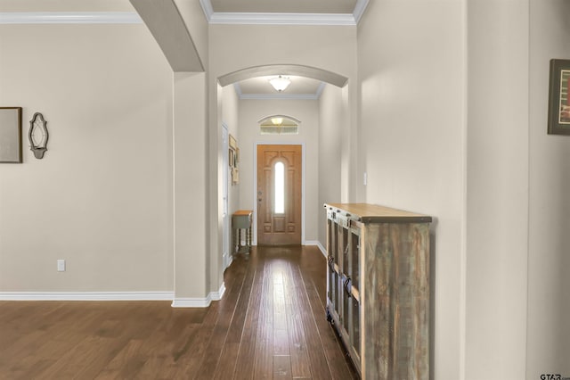 entryway featuring ornamental molding and dark wood-type flooring