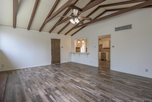 unfurnished living room featuring dark wood-type flooring, ceiling fan, high vaulted ceiling, and beamed ceiling