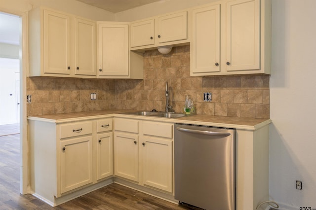 kitchen with tasteful backsplash, dishwasher, sink, and dark hardwood / wood-style floors