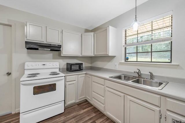 kitchen featuring white cabinets, sink, dark hardwood / wood-style floors, pendant lighting, and white electric stove