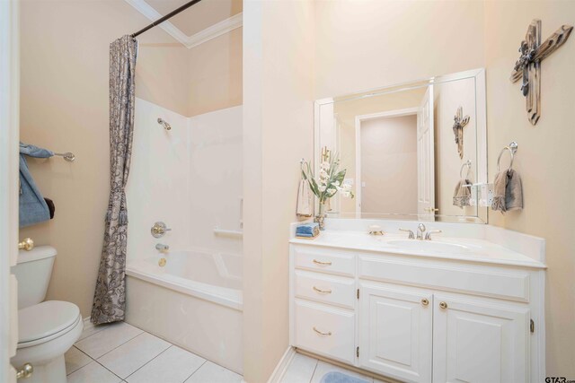 2215 Homestead Ln, Tyler, TX 75701 - full bath with toilet, tile patterned flooring, vanity, crown molding, and shower / bathtub combination with curtain