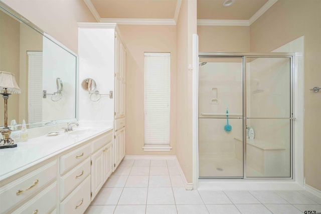 2215 Homestead Ln, Tyler, TX 75701 - full bathroom with vanity, a stall shower, crown molding, tile patterned flooring, and baseboards