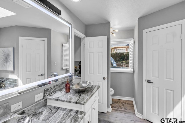 bathroom featuring vanity, hardwood / wood-style floors, a textured ceiling, and toilet