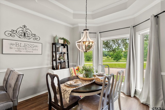 dining room with dark hardwood / wood-style floors, a raised ceiling, a chandelier, and a healthy amount of sunlight