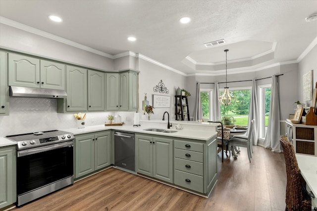 kitchen with sink, appliances with stainless steel finishes, kitchen peninsula, and green cabinets