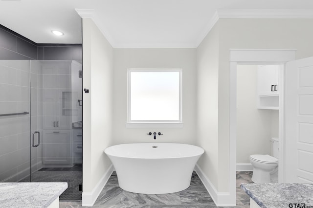 full bathroom featuring toilet, vanity, shower with separate bathtub, and crown molding