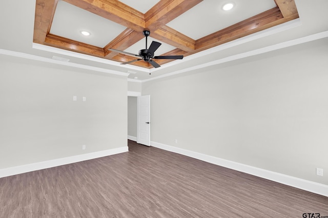 empty room featuring dark hardwood / wood-style flooring, coffered ceiling, ceiling fan, crown molding, and beam ceiling