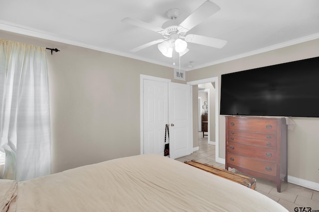 bedroom featuring ornamental molding, light tile patterned floors, and ceiling fan