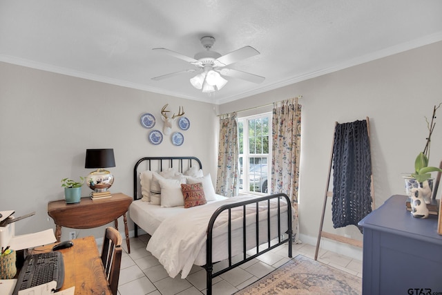 tiled bedroom with ceiling fan and crown molding