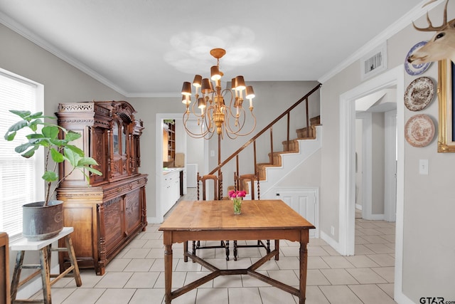 interior space featuring light tile patterned flooring, a notable chandelier, and ornamental molding