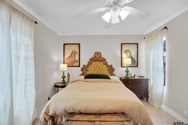 tiled bedroom with ornamental molding and ceiling fan