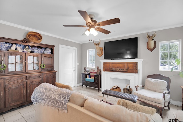 living room featuring light tile patterned flooring, crown molding, and ceiling fan