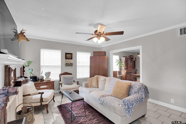 tiled living room featuring ceiling fan and crown molding