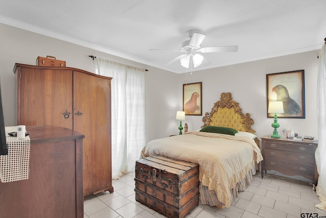 bedroom with ornamental molding, light tile patterned flooring, and ceiling fan