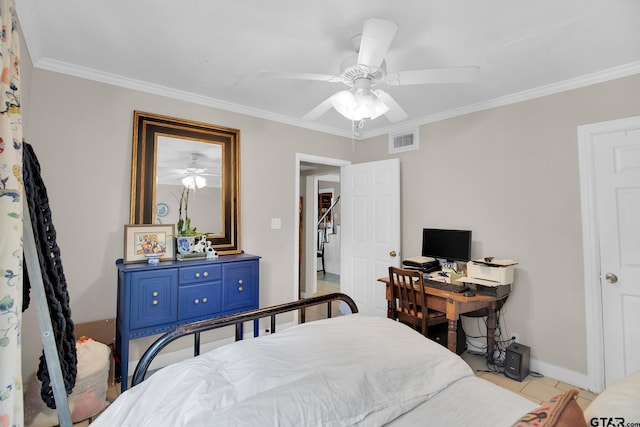 bedroom featuring ceiling fan and crown molding