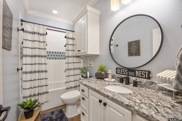 full bathroom with toilet, wood-type flooring, shower / bath combo with shower curtain, vanity, and crown molding