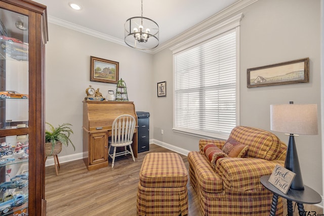 office area featuring crown molding, a wealth of natural light, and wood-type flooring