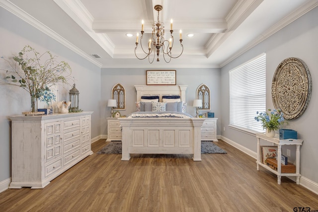 bedroom with ornamental molding, beamed ceiling, light wood-type flooring, and a chandelier