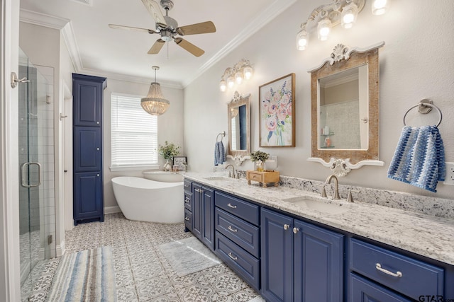 bathroom featuring shower with separate bathtub, tile patterned flooring, crown molding, ceiling fan, and vanity