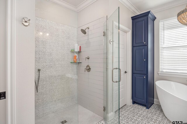 bathroom with shower with separate bathtub, tile patterned flooring, ornamental molding, and plenty of natural light