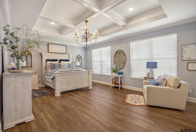 bedroom featuring dark hardwood / wood-style flooring, ornamental molding, and coffered ceiling