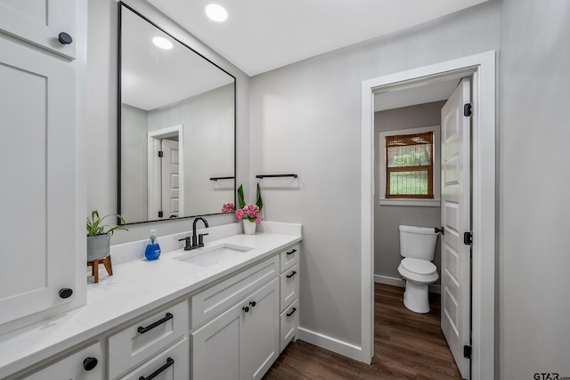 bathroom featuring vanity, hardwood / wood-style flooring, and toilet