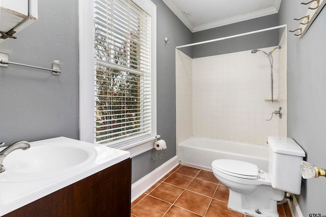 full bathroom with a wealth of natural light, tile patterned floors, toilet, and crown molding